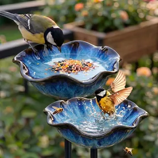 Vogeltränke Blume & Bienentränke Keramik Gartenstecker – Insektentränke Garten für Wasser & Vogelfutter, Dekorative Keramikblüten für Bienen & Vögel (1, Blau)