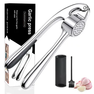 Knoblauchpresse aus Edelstahl, professionelle Küche, Knoblauchzerkleinerer, leicht zu reinigen und langlebig, silberfarben, Silber