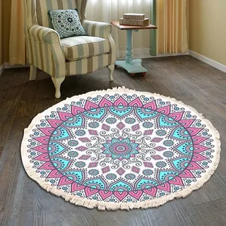 Vintage Boho Baumwolle Teppiche Mandala Muster Waschbar Handgewebte Böhmische Runder Teppich mit Quasten für Schlafzimmer Flur Wohnzimmer Couchtisch Fußmatten,Waschmaschinenfest,120CM Blumen #22