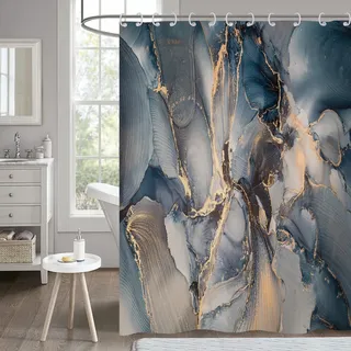 Hnmdmyi Duschvorhang Marmor 180x220, Abstrakt Marineblau Grau Gold Glitzer Badewanne Vorhang Modern Luxus Ombre Kristall Textur Tinte Kunst Wasserdicht Polyester Stoff Waschbar Badevorhang mit Haken
