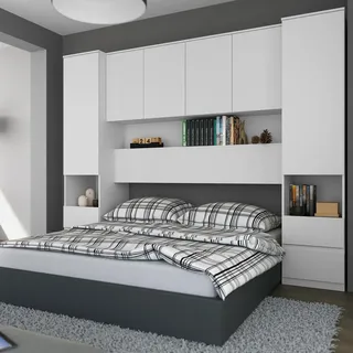 Forte LISSON Bettüberbau 250, Moderne Stauraumlösung, 6-türig, 4 Schubladen, Ablage, platzsparend, Apartment, Holzwerkstoff, Weiß, 244,9 cm breit x 193,7 cm hoch x 52,7 cm tief
