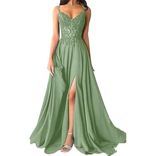 Lawawa Chiffon Ballkleider Lang Abendkleid Cocktailkleid Damen Tüllkleid Kleid V-Ausschnitt Brautjungfernkleid A-Linie Abendkleider - 48