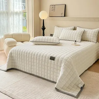 SHANNA Extra Große Bettdecke Tagesdecke: Milch Samt Soft Tagesdecke Hautfreundliche Doppelseitige Bettdecke Ideal Als Quilt Bettüberwurf 230 X 250 cm mit 2 Passenden Kissenbezügen 50 X 70 cm (Beige)
