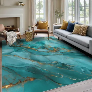 Generisch Türkis Teppich Klein 80 x 150 cm Wohnzimmer Mit Hellblau Marmor Optik Blau Cool Gold Muster, Türkis Bettvorleger Schlafzimmer Deko, Waschbar Teppiche Gegend Kurzflor rutschfest