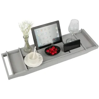 Badewannenablage aus natürlichem Bambus, entspannendes Spa-Erlebnis für Zuhause, ausziehbar, für Badezimmer, Aufbewahrungstablett, mit Lese-Regal, Halterung für Tablet (grau)