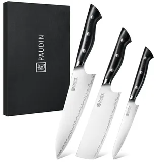 PAUDIN 3‐teiliges Küchenmesserset, CJ14C28N Stahl 63+HRC, Profi‐Messer‐Set | Vielseitiges Messerset mit Kochmesser, Gemüsemesser & Allzweckmesser. perfekt für Haushalt und als Geschenk