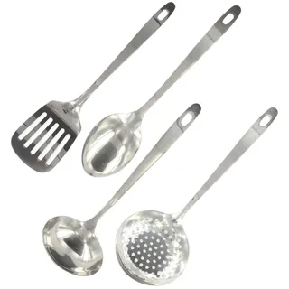 Fackelmann 9908950 Küchenhelfer-Set 4-teilig, Edelstahl, Kochkelle, Servierlöffel, Skimmer, Pfannenwender, Edelstahl, 32,1 x 7,9 x 3 cm