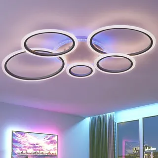 QINGYING 5 Ring Deckenlampe Mit Fernbedienung APP, 100cm RGB Dimmbar Deckenleuchte Mit Memory-Funktion, Moderne Lampe Variable Farbe Mit Timer Für Schlafzimmer, Wohnzimmer, Küche Und Büro,Schwarz