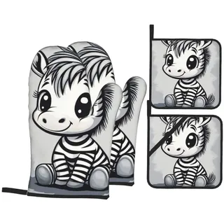 Ofenhandschuhe und Topflappen, lustige Zebra-Ofenhandschuhe mit Topflappen, rutschfeste Handschuhe, hohe Hitzebeständigkeit, 500 Grad, für Grill, Backen, Kochen, Ofen, Mikrowelle, 4 Stück
