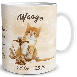 TRIOSK Tasse Katze lustig mit Spruch Sternzeichen Waage Katzenmotiv Geschenk für Katzenliebhaber Geburtstag Frauen Freundin
