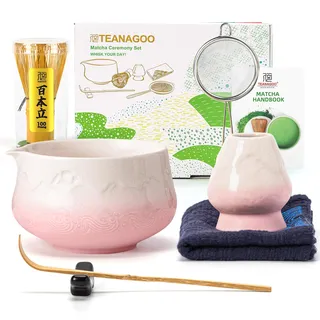 TEANAGOO 7-teiliges Matcha-Set, Pinkes Matcha-Kit, Zeremonie Matcha-Pulver Kit, Matcha-Teeset für die Zubereitung von Latte, Matcha-Besen und Schale mit löffel & Sieb, Fuji-Design Keramikschale, Geschenk für Matcha-Liebhaber, Neujahrsangebot,