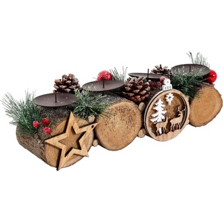 Adventsgesteck HWC-M14 mit Kerzenhalter, Adventskranz Weihnachtsgesteck Holz 12x41x12cm - ohne Kerzen