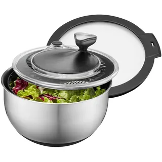 GEFU Salatschleuder 4,5 l - Edelstahl Salatschüssel mit Kurbelantrieb | 4-teiliges Set mit Schüssel, Sieb, Deckel & Frischhaltedeckel, Stopp-Button sowie rutschfestem Silikonboden