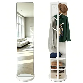 MOHQZA Drehbarer Ganzkörperspiegel mit Ablage und Garderobenständer, Standspiegel aus Massivholzrahmen mit Hartglas, Spiegel Ganzkörper 164 x 40 cm für Schlafzimmer und Wohnzimmer