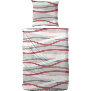 Primera Biber Bettwäsche Welle gestreift grau/rot 135 x 200 cm + 80 x 80 cm