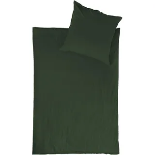 jilda-tex Bio-Bettwäsche Stone-Washed Renforce Lissabon 100% Bio-Baumwolle Knitterlook Stehsaum Bügelfrei Uni Leinen-Optik Bügelfrei Made in Green (Waldgrün, 135 x 200 cm)