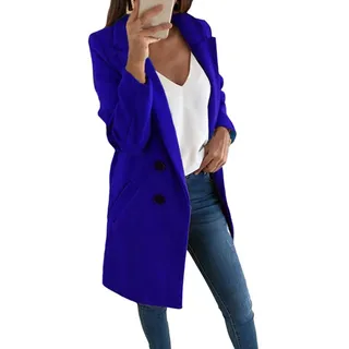 Onsoyours Damen Blazer Winter Mantel Elegant Warm Wintermantel Steppmantel Knopf Klassische Vintage Zweireihig Revers Schlack Slim Fit Trenchcoat mit Taschen (36, Königsblau) - 36