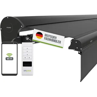 empasa elektrische Kassettenmarkise Expert Plus Markise mit WiFi-Motor Smart Home kompatibel, Terrassenüberdachung mit Volant, komplett vormontiert, Größe:3.5 x 2.5 m, Stofffarbe:anthrazit