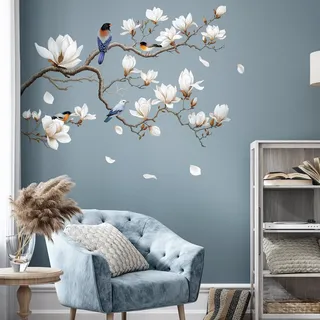 SHUCHING Wandtattoo Blumen Weiß, Wandsticker Magnolie, Selbstklebend Wandaufkleber für Wohnzimmer Schlafzimmer Erwachsene - Linke