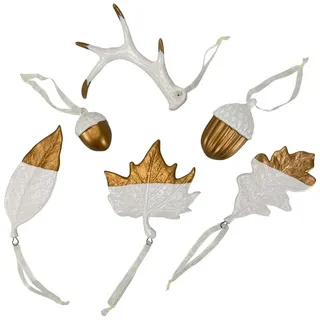 Online-Fuchs Dekohänger Blätter, Eicheln und Geweih aus Keramik - moderne Fensterdeko Anhänger (Deko für Herbst und Winter, 6er Set), aus glasierter Keramik in Weiß und Kufper gehalten weiß