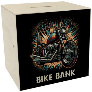 Chopper-Motorrad Spardose aus Holz mit Spruch Bike Bank Glänzender Metallglanz Chrom-Auspuff Custom-Bike Highlight Sparen im Zweirad-Stil