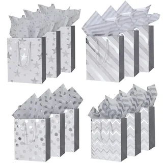 Weihnachts-Papiertüten zum Verpacken von Geschenken: 12 silberne Geschenktüten mit Seidenpapier und Anhängern für Geburtstage, Hochzeiten und Valentinstage – 23,1 x 18,1 x 10,2 cm