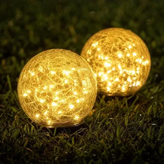 Ciskotu 2 Stück Bruchglas Solarlampen für Außen Garten, 60 LED solarkugeln für Aussen, Solar Bodenleuchten IP44 Wasserdicht Solarleuchten für Outdoor, Balkon, Terrasse, Rasen, Wege (Warmweiß)