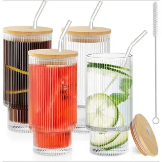 Anhow Cocktailglas 4er Cocktailgläser 350ml mit Deckel & Glasstrohhalm – stapelbar, Glas, Stapelbare Cocktailgläser mit Deckel & Strohhalm aus Glas weiß