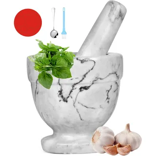 Mörser und Stößel, Marmor-Set für Gewürze, Pestos, Gewürze, Pasten, Guacamole, Schüssel, Kräutermühle, leicht zu reinigen, inklusive: Silikonmatte, Bürste, Edelstahllöffel, 11 cm (klein, weißgrau)
