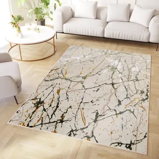 TAPISO Crystal Teppich Kurzflor Glänzend Hellgrün Gold Creme Weiß Marmor Verwischt 3D Effekt Wohnzimmer Schlafzimmer Modern Design ÖKO-TEX 180 x 250 cm