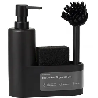 blackswedenhome. Design Spülbecken Organizer mit integriertem Spülmittelspender und Spülbürste und Schwamm - Küchenorganizer - Spüle Organizer aus Kunststein Sink Spül Set Seifenspender schwarz matt