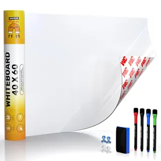 Whiteboard Folie 40x60cm - 3M Magnetfolie selbstklebend - Magnetische Tafelfolie abwischbar - Praktische Ferrofolie Weiß - Whiteboardfolie inkl. 4 Marker, Radiergummi und 4 Pins
