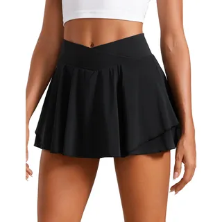 CRZ YOGA Damen Tennis Rock mit Hose Tennisrock Crossover High Waist Skort Golfrock Wanderrock Skater Sport Hosenrock Schwarz 40 - 40
