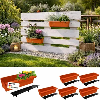 BURI 6 Euro-Paletten Blumenkästen-Einsätze inkl. Bewässerungsmatte | mit Hängesystem zum Einhängen | 37,3cm Terrakotta | Pflanzkasten für Europalette Palette | Balkonkasten | Blumentopf | stabil