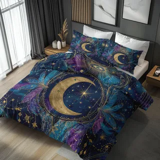 Generisch Bettwäsche 155x220 Sonne Mond Sterne, Weiche Bügelfreie Mikrofaser Bettbezug Set 2tlg, Celestial Fantasy Muster Schlafzimmer Deko, 1 Kissenbezug 80x80, mit Reißverschluss NOG4
