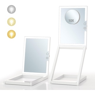 MILEDUO Make-up-Spiegel mit Lichtern, faltbarer, beleuchteter Reise-Make-up-Spiegel, Winkel und Höhe, dimmbar, LED-Schminkspiegel mit magnetischer 10-facher Vergrößerung, tragbarer Klappspiegel
