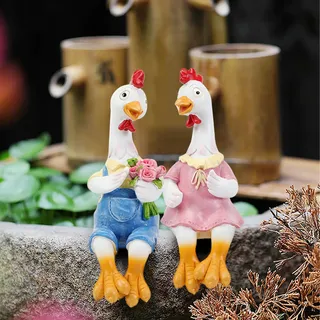 2 Stück Garten Deko Draußen, Harz Deko Garten Figuren, Gartendeko Figuren für Außen Wasserdicht, Lustig, Ornamente Huhn und Ente, Geschenk für für Frauen Männer, Hof, Rasen, Balkon Dekoration (A)