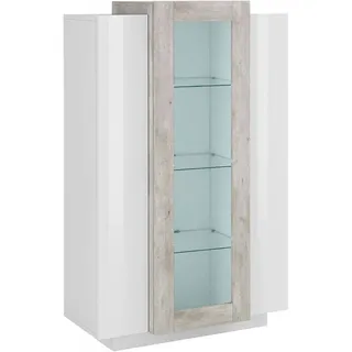 Dmora Vitrine Kevin, Sideboard mit drei Türen, Mehrzweck-Wohnzimmermöbel, 100% Made in Italy, cm 80x38h121, glänzendes Weiß und Zement