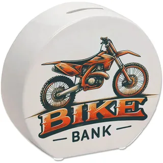 Motocross-Motorrad Spardose mit Spruch Bike Bank Perfekte Offroad-Spardose im Motocross-Motorrad-Design in orange-schwarz mit coolen Schriftzug darunter