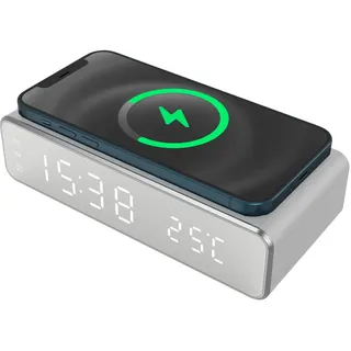 Digitaler LED-Wecker mit 15W Wireless Charging – 3-fach Alarm, Temperaturanzeige & USB-C – Kabelloses Laden für Smartphones & Earbuds – Modernes Design (160x75x40,3mm) – Inkl. CR2032 Batterie (Silber)
