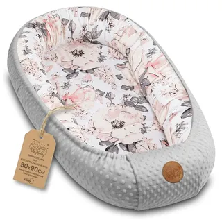 Warmes Nestchen Baby 90x50 cm - Kuschelnest Neugeborene Nestchen Winter/Herbst Kokon Babynest Wilde Rose Grau - Rosa/Weiß/Grau