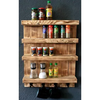 Dekorie Gewürzregal aus Holz für die Wand - Geflammt - 4 Stellflächen - 65 x 50 x 12 cm - Massivholz
