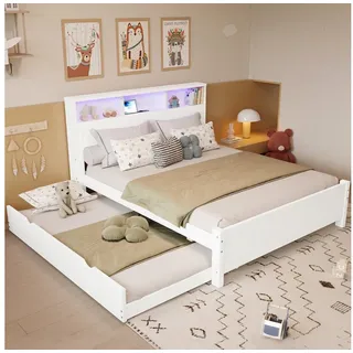 Flieks Holzbett, Kinderbett 120x200cm mit Ladefunktion & LED, Ausziehbett 90x190cm weiß