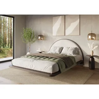 Visby Holzbett Momoko (Buchenbett Futonbett mit Schwebeeffekt), mit rundem, gepolstertem Bouclé-Kopfteil, 180/200, Buche – lackiert beige|schwarz 145 cm x 217 cm x 96 cm