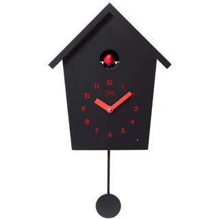 Cuco Clock Kuckucksuhr REIHENHAUS 28,3 x 22,8 x 10,4cm Schwarz/Rot | Pendeluhr Wanduhr, Moderne Schwarzwalduhr, Nachtruhefunktion, Vogelgezwitscher, Vogelstimme