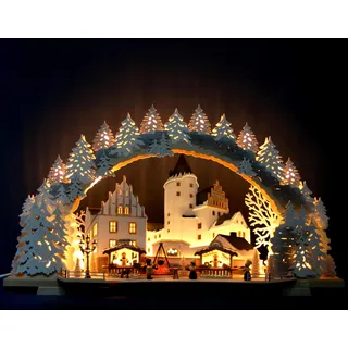 Tietze Erzgebirgsdesign LED Schwibbogen Weihnachtsmarkt am Schloß verschneit, 72cm - inklusive Aufsetzelemente - Feine Handwerkskunst aus dem Erzgebirge, 3926f