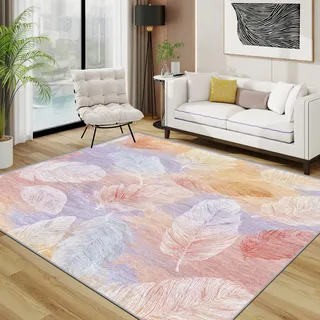 TerroVee Federn Teppich Schlafzimmer, Pastellfarben Feder Teppich 120x170 cm, Modern Einfach Waschbar Kurzflor Antirutsch Teppiche Für Wohnzimmer Schlafzimmer, Rosa Lila Gelb