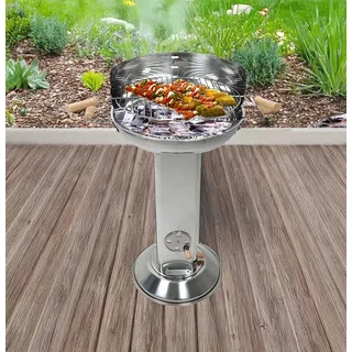 Säulengrill mit 4-fach höhenverstellbarem Grillrost, rund, mit 2 isolierten Haltegriffen, mit Ascheschublade, Belüftungshebel, Windschutz, Edels... - Braun