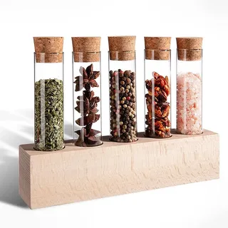 Tuuters Holz Gewürzregal mit Reagenzgläser und Korken, Gewürzregal, Gewürzboard Vase (65ml Gläser)
