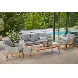Sunfun Loungemöbel-Set Paula XL  (4 -tlg., Aluminium/Akazie/Polyrattan, Hellgrau/Braun)